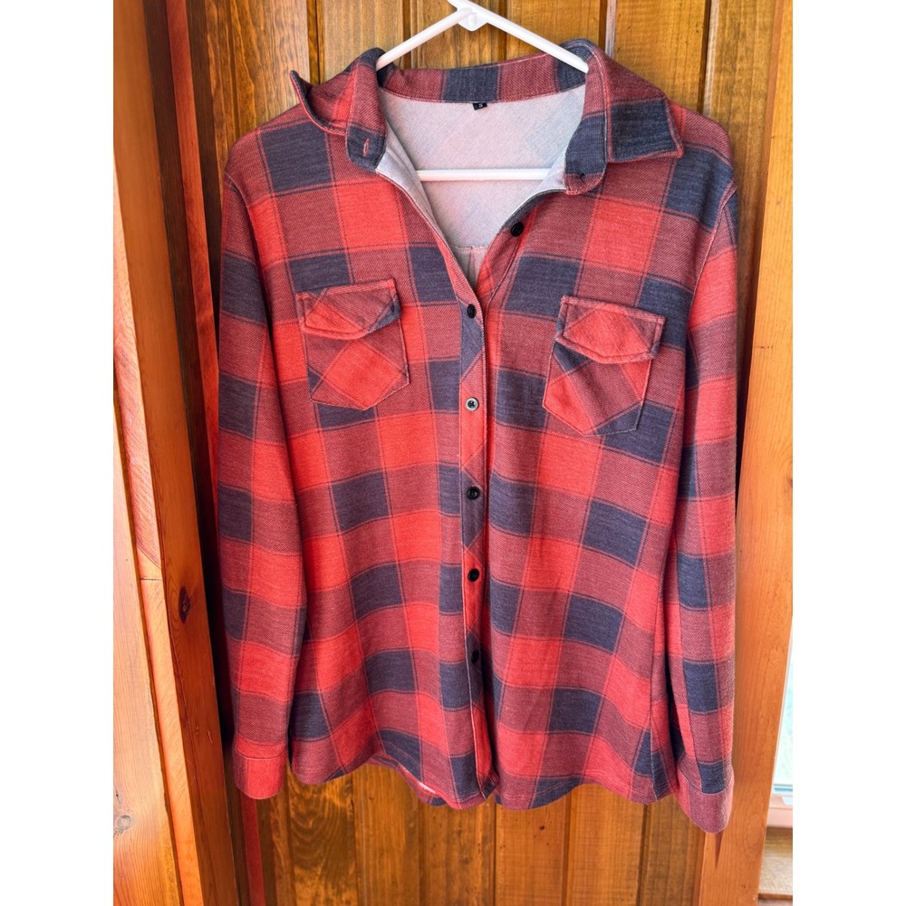 Redish orange Black Buffalo Plaid Button Down Flannel Shirt LongSleeve sizeSmall